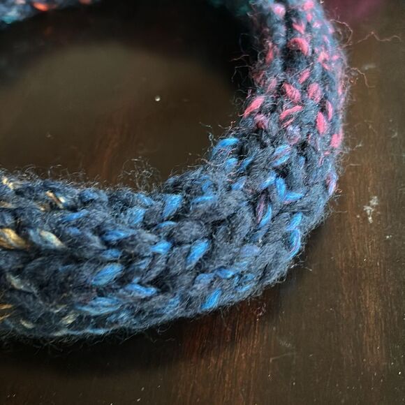 Wool multicolor hand knit chunky headband stretch navy turquoise pink orange L - Picture 7 of 9
